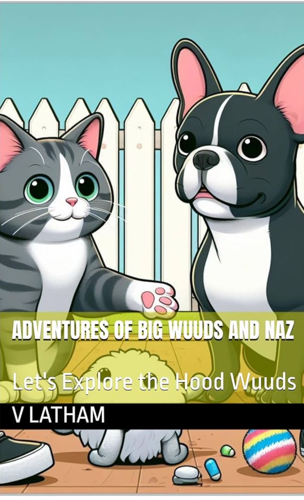 Cover of The Adventures of Big Wuuds and Naz — Let's Explore the Hood Wuuds by V Latham — a cartoon cat and French bulldog by a white picket fence