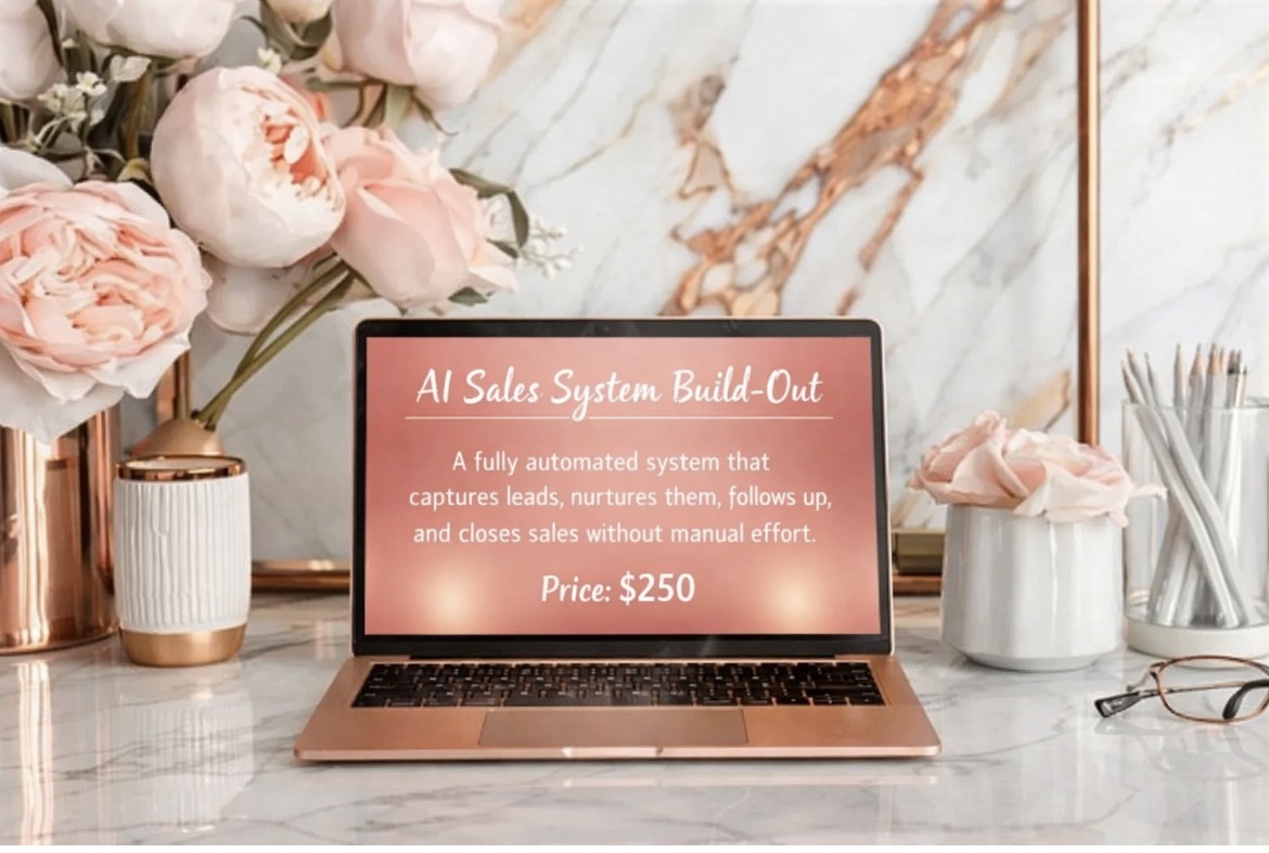 Rose-gold laptop on a marble desk with peonies, its screen showing 'AI Sales System Build-Out — Price $250'