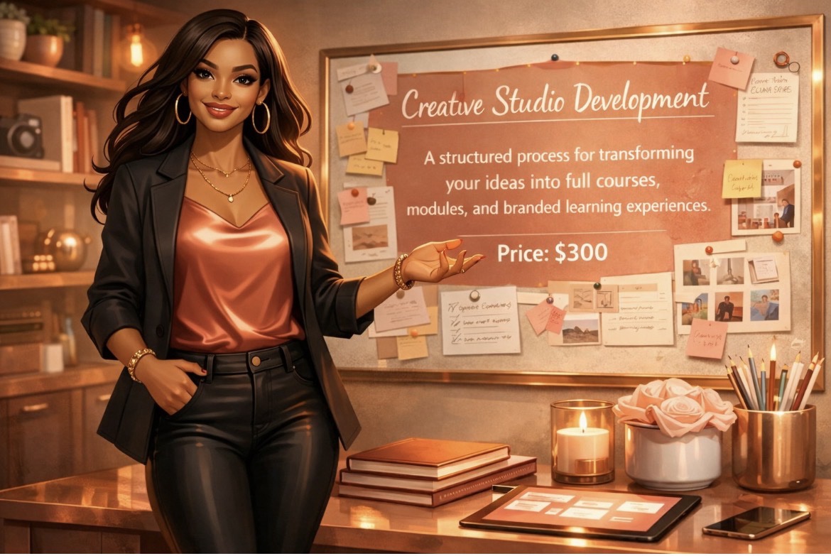Illustration of Venus presenting Creative Studio Development in her studio — turning ideas into full courses, modules, and branded learning experiences, priced at $300