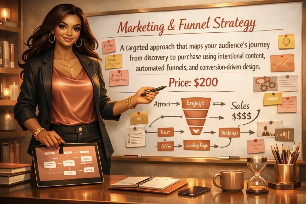 Venus presenting a Marketing & Funnel Strategy board — mapping the audience journey from discovery to purchase, priced at $200