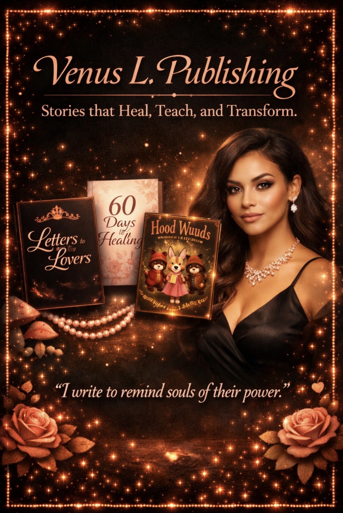 Venus L. Publishing poster — Venus beside Letters to My Lovers, 60 Days to Healing, and Hood Wuuds, with the words 'Stories that Heal, Teach, and Transform'
