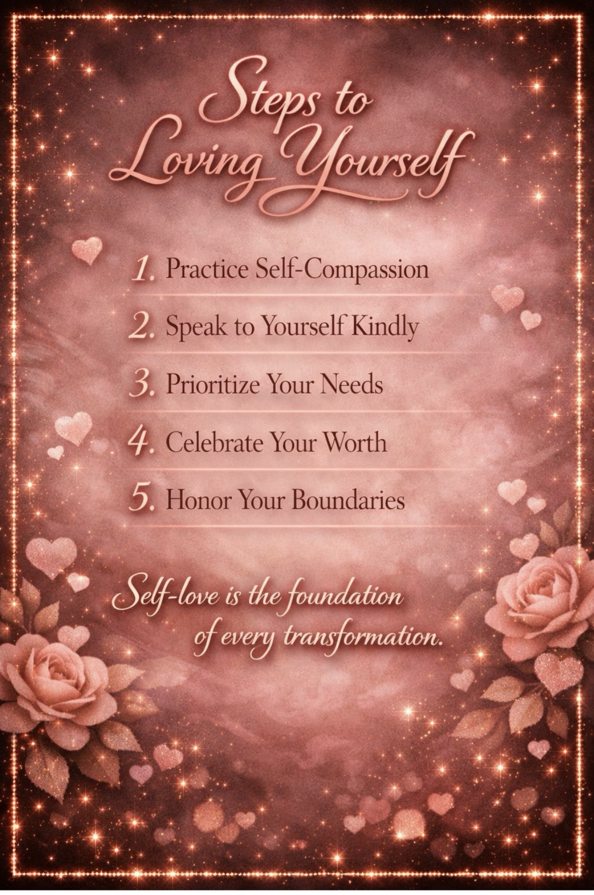 'Steps to Loving Yourself' card in rose gold — practice self-compassion, speak to yourself kindly, prioritize your needs, celebrate your worth, honor your boundaries